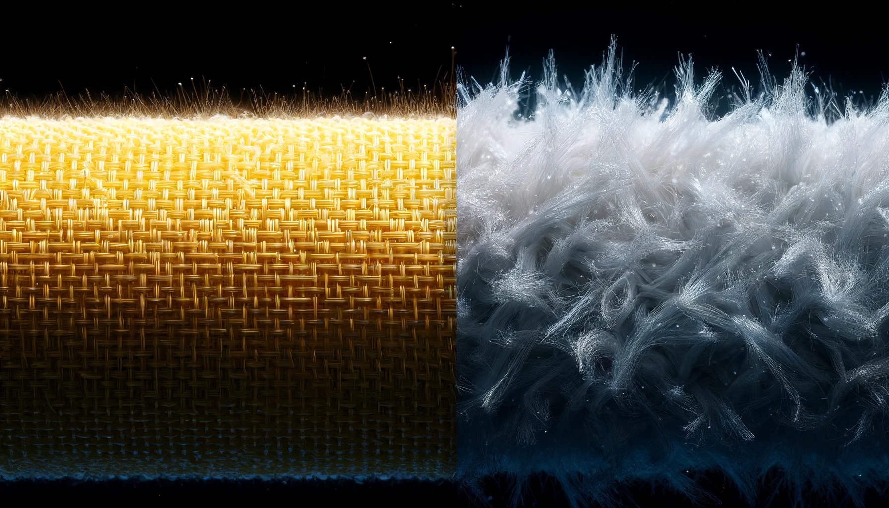 Image displays a side-by-side comparison and close-up of the materials UHMWPE and aramid, both materials used in Soft Armor