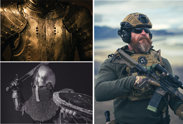Image displays protective gear from medieval to modern times, displaying how personal protection has evolved over time.