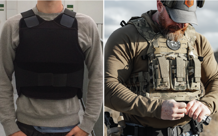 Image shows two men, side by side. The first is wearing a bulletproof vest. The second is wearing a place carrier